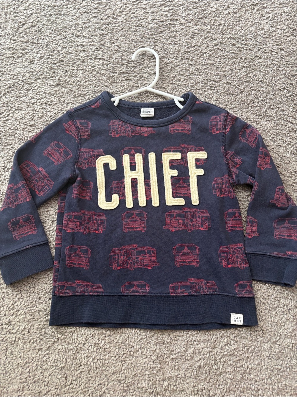 GAP Kids Navy Sweatshirt with Red Firetruck Print and Cream 'CHIEF' Patch
